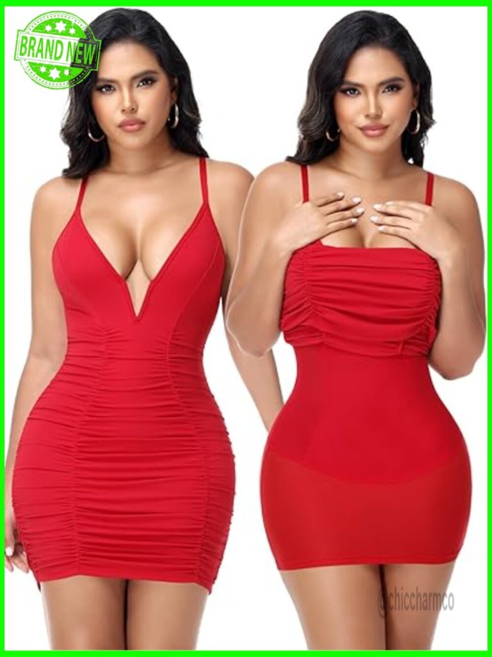Deep V Neck Ruched Bodycon Mini Dress with Shapewear, Night Out Cocktail Dress